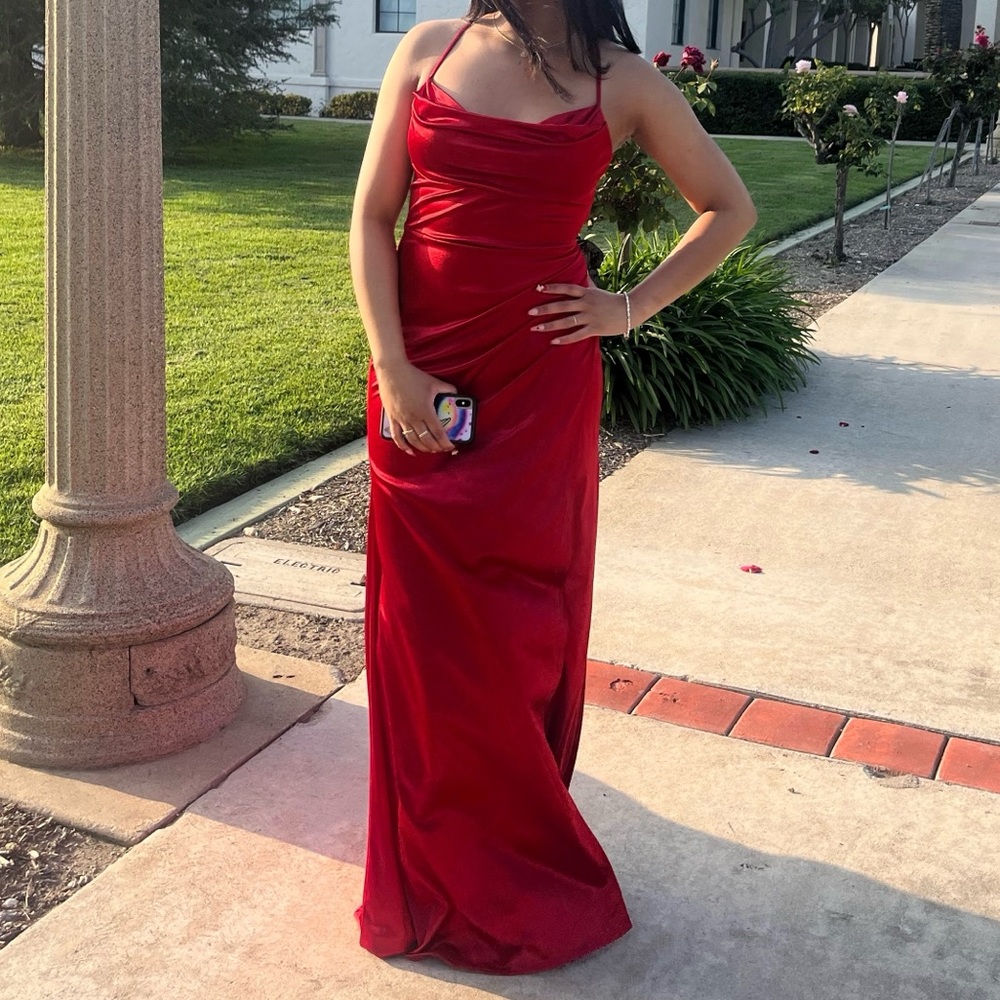 FORMAL LONG RED PROM OR HOCO SATIN DRESS